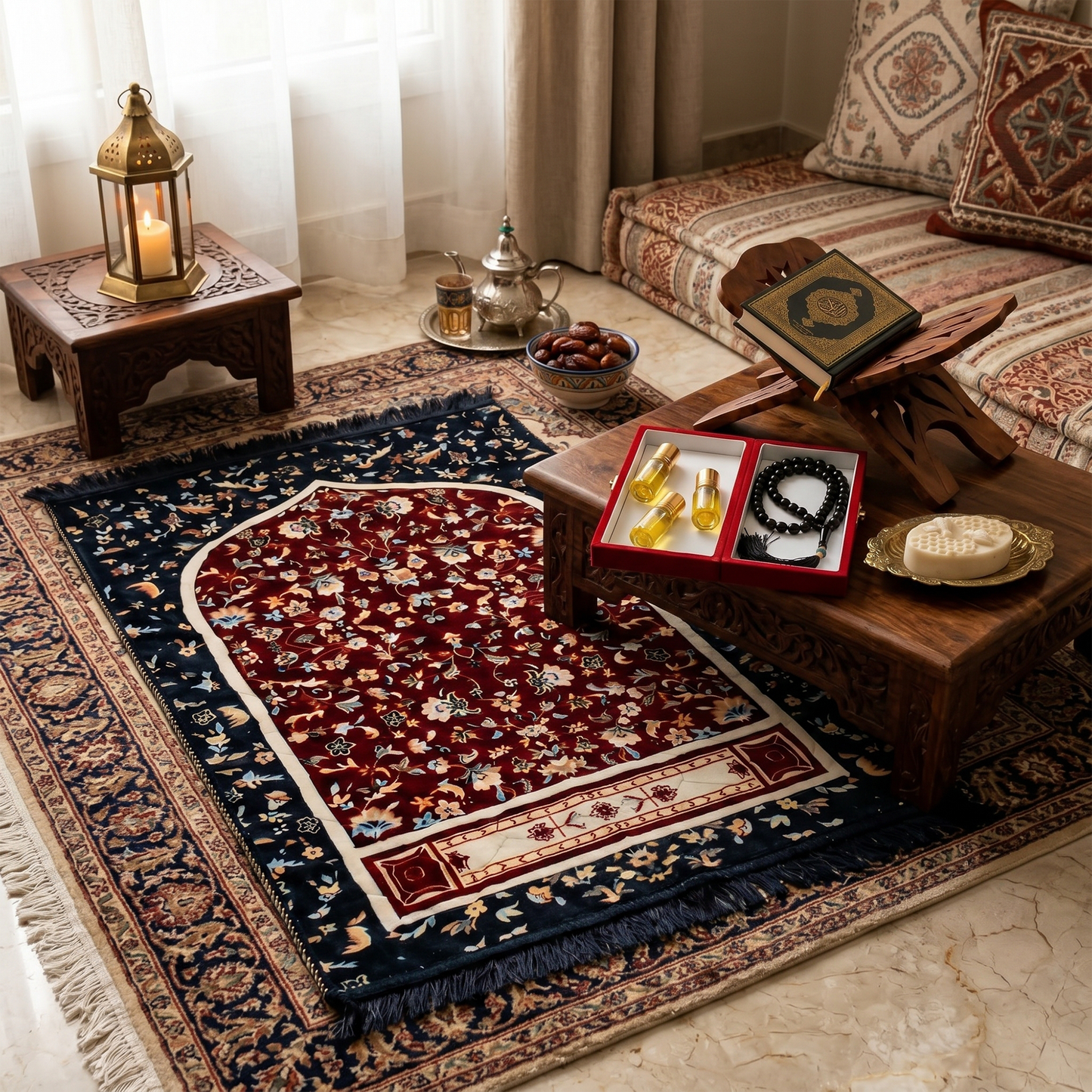 5-Pack Islamic Essentials Bundle Prayer Mat, Rehal, Tasbeeh, 3 Attars & Organic Soap