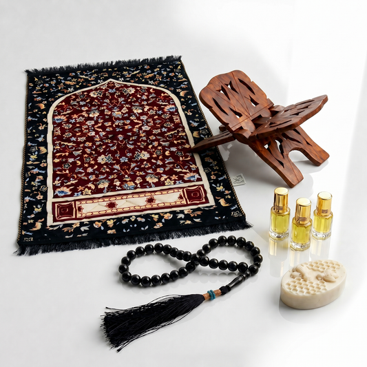 5-Pack Islamic Essentials Bundle Prayer Mat, Rehal, Tasbeeh, 3 Attars & Organic Soap