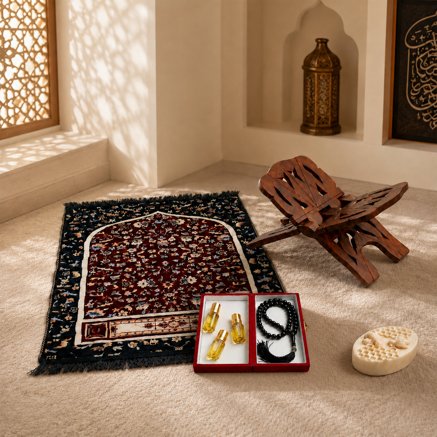 5-Pack Islamic Essentials Bundle Prayer Mat, Rehal, Tasbeeh, 3 Attars & Organic Soap