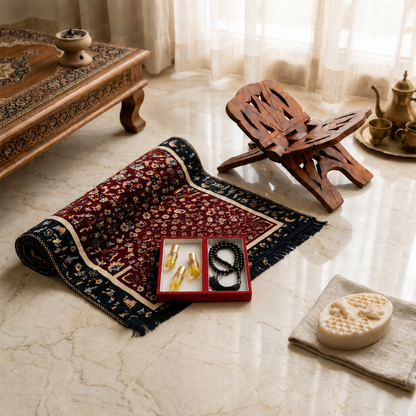 5-Pack Islamic Essentials Bundle Prayer Mat, Rehal, Tasbeeh, 3 Attars & Organic Soap
