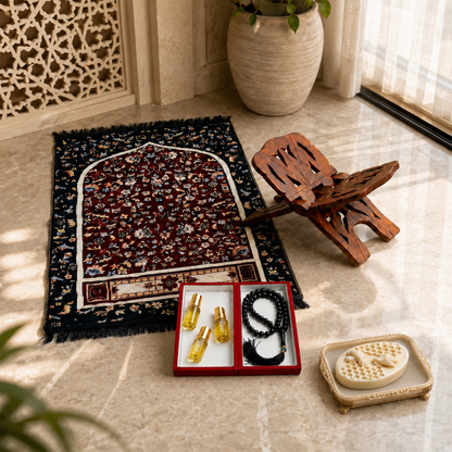 5-Pack Islamic Essentials Bundle Prayer Mat, Rehal, Tasbeeh, 3 Attars & Organic Soap