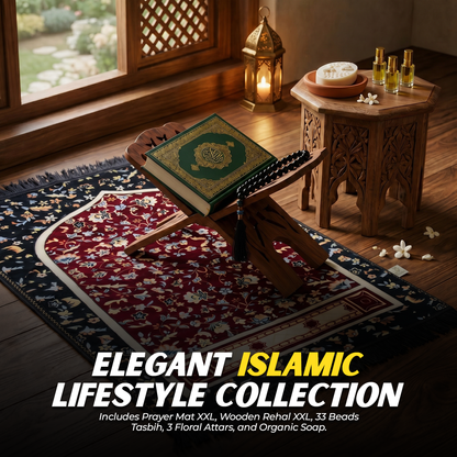5-Pack Islamic Essentials Bundle Prayer Mat, Rehal, Tasbeeh, 3 Attars & Organic Soap