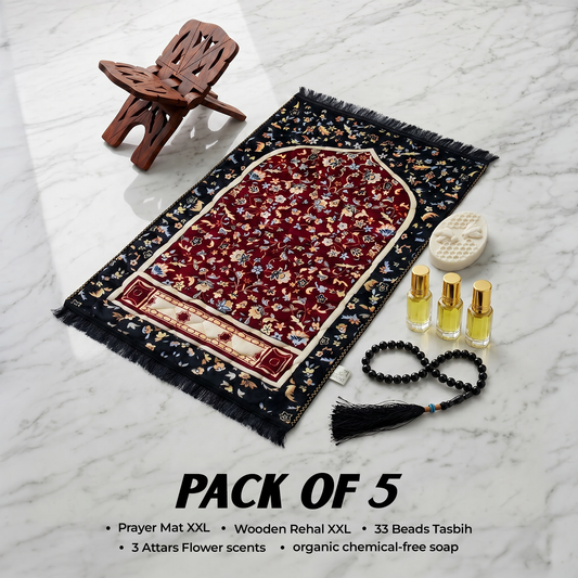 5-Pack Islamic Essentials Bundle Prayer Mat, Rehal, Tasbeeh, 3 Attars & Organic Soap